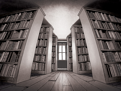 Night Library black and white books horror illustration library lighting night perspective scary spooky