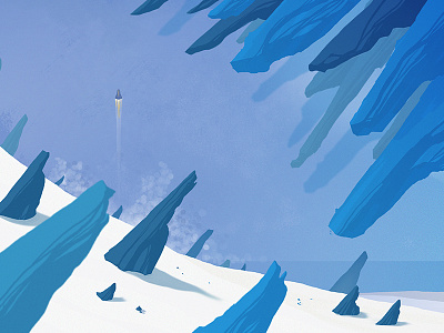 Newmoon blue concept flat illustration land rock snow spaceship