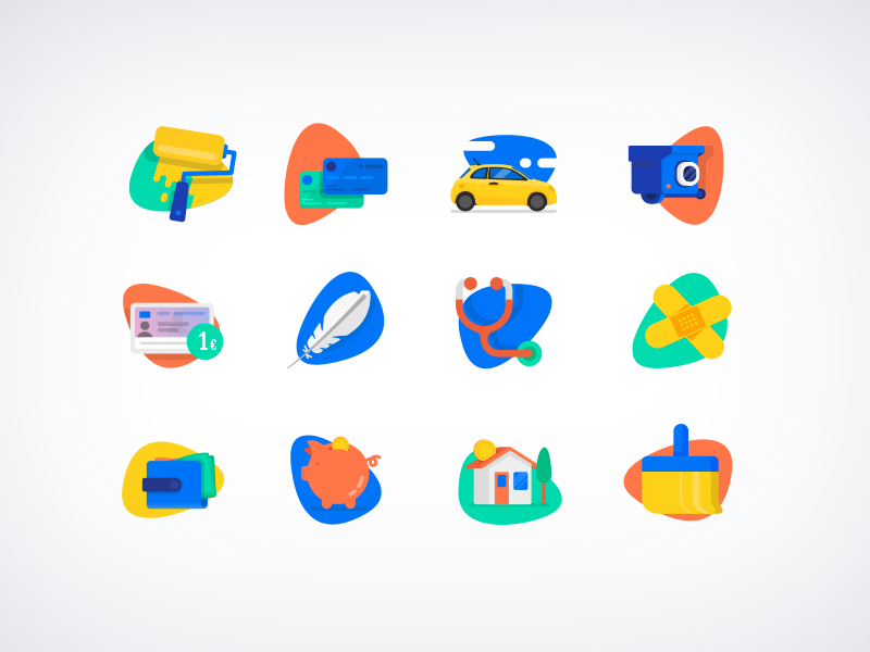 Playful icons clean house wallet band-aid stethoscope feather security camera card brush drivers licence icon playful