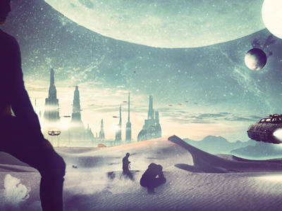 sci-fi theme fifth element flying cars galaxy illustration luke skywalker. moon photoshop planet sand dunes sci fi space stars starwars tantooine