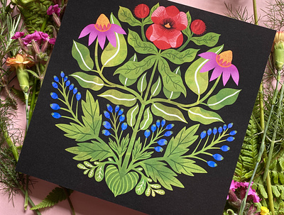 Poppy and pinks art print botanical illustration