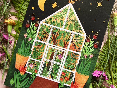 Greenhouse at Night botanical floral illustration illustration