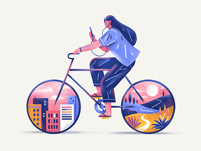 Hustle & Happiness bike city cycling design digital escape flat graphic illustration iphone nature person simple texture vector