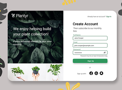 Plantyr Sign Up app branding design graphic design green icon illustration logo minimal plant plants sign in sign up subscription typography ui ux vector