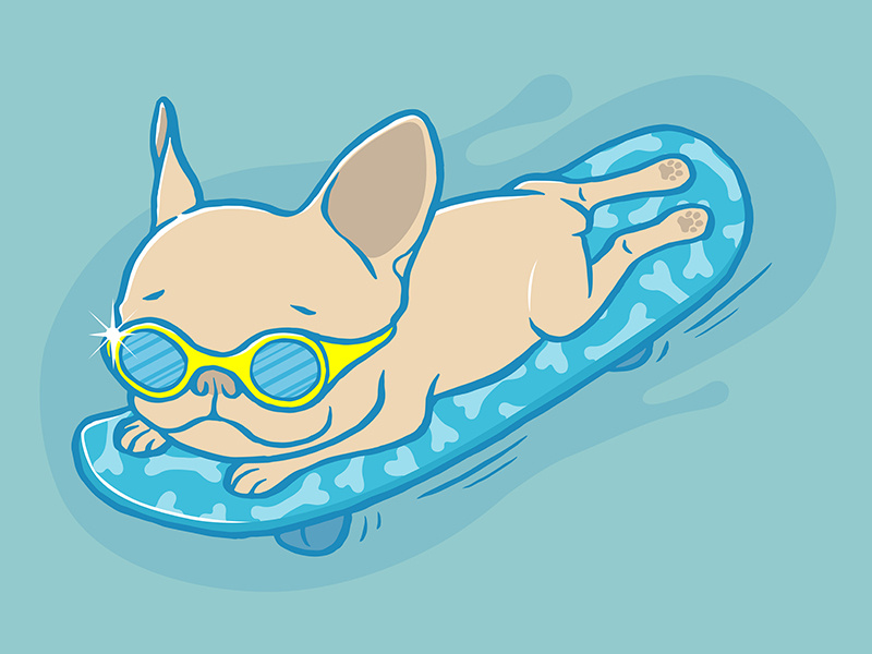 Frenchie sliding through his day dog animal pet drawing illustration chill take it easy relax skateboard french bulldog frenchie