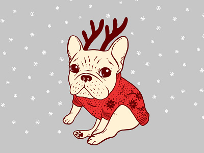 Blue Frenchie In Christmas Sweater antler christmas sweater cute drawing french bulldog frenchie holiday seasons illustration merry christmas pop art reindeer xmas