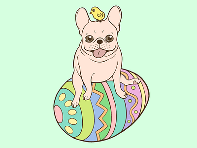 Cream Frenchie and Easter chick on a coloful Easter egg christian drawing easter easter chick easter egg festival french bulldog frenchie holiday illustration jesus