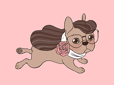 Lady Frenchie is going out for a walk with her friends animal cute dog drawing french bulldog frenchie glasses illustration lady long hair pet rose