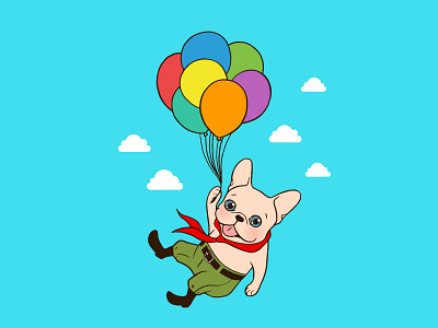 Cute Frenchie is flying away with balloons for his adventure