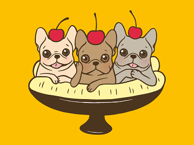 These Frenchies want to be your sweet banana split banana split cute dessert dog food french bulldog frenchie fun illustration pet puppy sweet