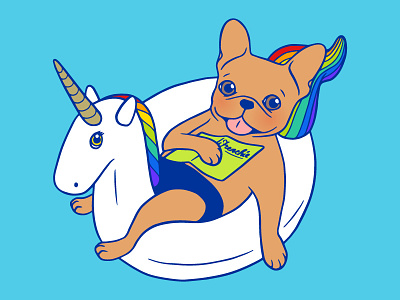 Frenchie enjoys summer on unicorn pool float in swimming pool