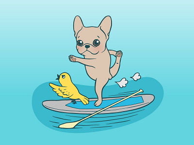 Frenchie practices her yoga poses on a stand-up paddle board bird dog drawing french bulldog frenchie illustration pet puppy stand up paddle board summer yoga