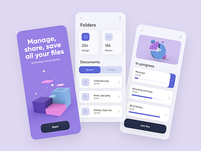 Folderio - unlimited cloud service 3d analytics chart clean clear cloud clouds color dashboard database drive folder minimal pastel purple saas service storage ui ux