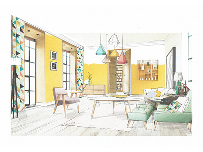 Yellowroom concept design interiors design living room paint sketch yellow room