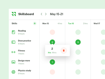 Skillsboard UI app clean design green improvement interface layout light list navbar productivity simple skills task ui uiux user interface ux webdesign