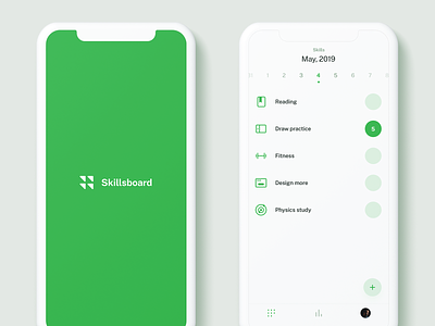 Skillsboard Mobile UI action actions app appui calendar clean green ios list minimal minimalism simple splash swipe swiper tabbar ui uiux ux white