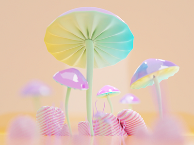 Magic mushrooms 3d blender design illustration macro mushrooms pastel colors render scene tiny
