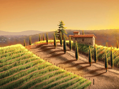 Tuscany Scene beautiful crops gold green illustration italy mountains orange peace rich scene stone sunset tuscany warm wine