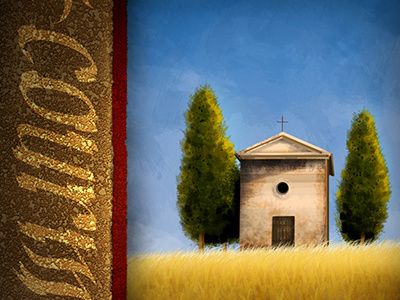 Tuscany Church blue christian church crops daytime field illustration little red sky stone stucco tan texture trees tuscany