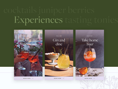 Gin tasting experience booking cards booking button cocktails colour palette concept drink experience gin green interaction design purple serif tasting typedesign typogaphy uidesign unsplash ux design webdesign website