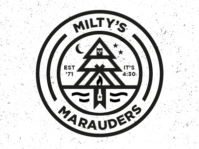 Milty's Marauders Badge badge black camping circle lines logo no color tree vintage white