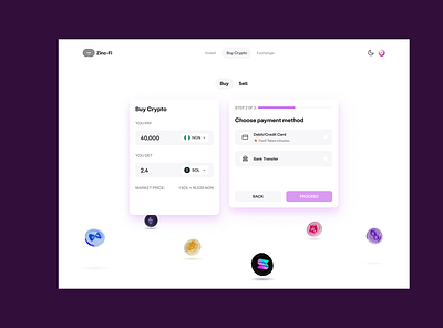 Zinc-Fi (Choosing a payment method) animation blockchain design interface ui web3