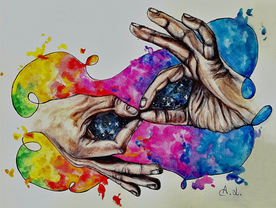 Infinity (watercolor painting) anatomy art artist color drawing galaxy hands illustration infinity painting realism sign stars