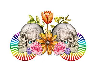 Skull flowers illustration art artist color design drawing illustration painting realism skull