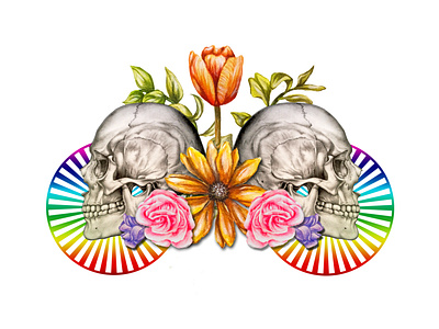 Skull flowers illustration art artist color design drawing illustration painting realism skull