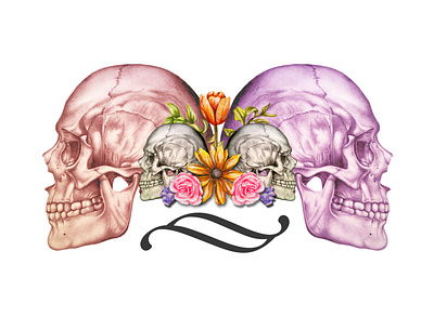 skull flowers collection art artist color design drawing illustration painting realism skull
