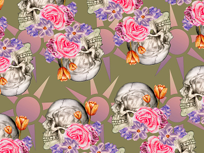 skull pattern flowers art artist color design drawing illustration painting realism skull