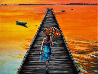 umbrella girl art artist color design drawing illustration painting realism sunset