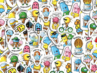 Ice cream stickers for Ukrainian company branding characrers characters collage colorful get invitation graphic design icecream