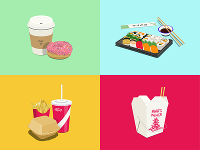Fast food bento burger chinese coffee doughnut fast food flat fries illustration junk food menu soda soy soy sauce sushi takeaway takeout vector