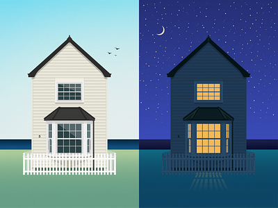 Weatherboard house - Day & night adobe birds colour day day and night design flat gradient house illustration illustrator london moon night picket fence stars symmetry vector weatherboard
