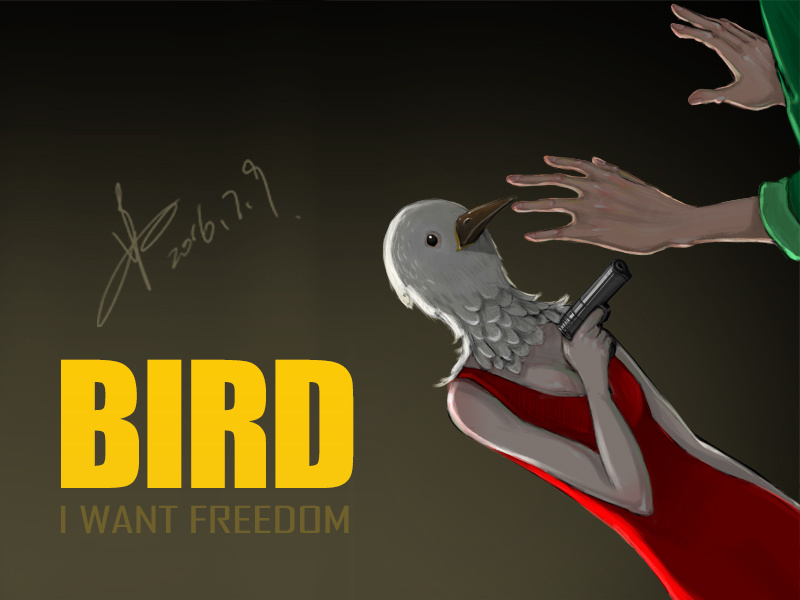Bird dribbble illustration painting hand green red gun yellow bird killer