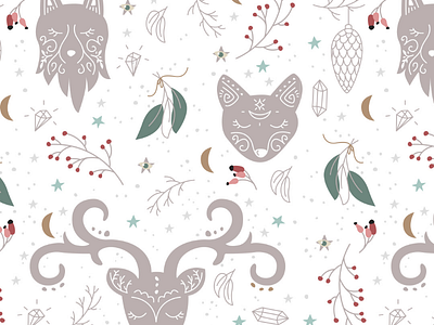 Winter forest pattern animals bohemian boho forest magical nature pattern surface vector wolf woodland