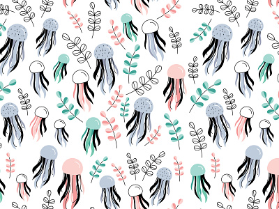 Jellyfish pattern animal aquarium cute illustration jellyfish minimalist nordic ocean pastel plants scandinavian simple thin line undersea underwater