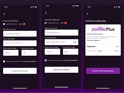 Credit Card Payment Flow - Subscription Service - UI Design branding credit card design ios media mobile payment podcast streaming ui ux