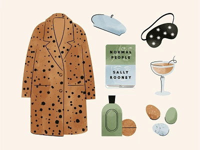 My quarantine obsessions bath beret book coat cocktail eggs feminine illustration sleep mask texture