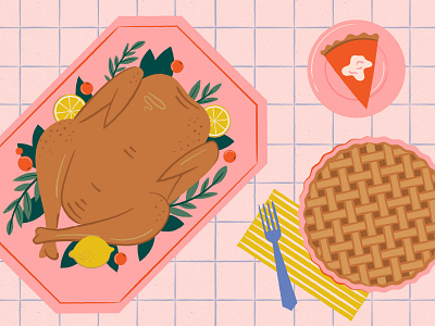Thanksgiving illustration dinner feminine flat floral illustration lay pie procreate sketch table texture thanksgiving turkey vintage