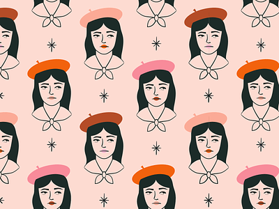Girl pattern beret cool fabric feminine french girl illustration pattern pink surface vintage wallpaper