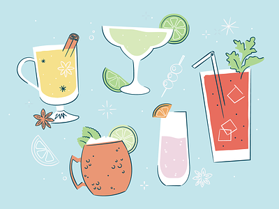 Cocktail Illustrations alcohol bloody mary cider cocktail happy hour illustration line margarita moscow recipes retro