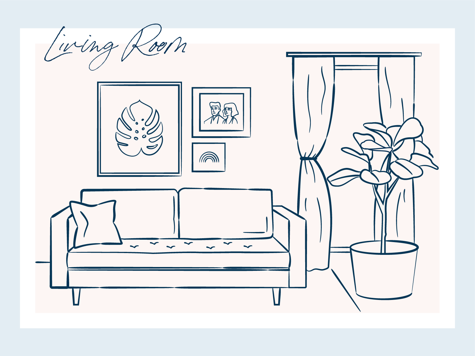 Room Line Illustrations bedroom brushes feminine floral illustration ink interior line living room mid century painterly plants sketch