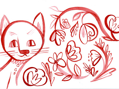kitten in the woods cat flowers watercolor