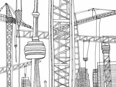 Toronto With Cranes cityscape cn tower downtown illustration industrial ink drawing sophia saunders toronto urban