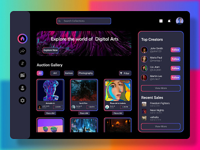 NFT Market place Dashboard 3d branding concept art concept design dashboard design designfigma digital art digital art dashboard digital art world figma illustration logo nft nft sale page nft world trending design trending ui ui web design