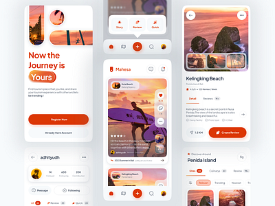 Social Media App for Travel app beach design elegant minimal mobile modern onboard orange profile red review social media toursim travel traveling trip ui ux vacation