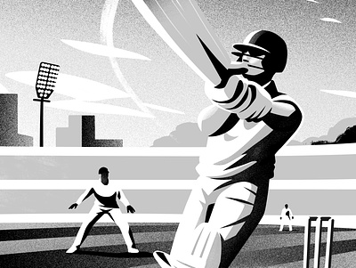 Bat, Ball and Field batsman blackandwhite cricket editorial gradient illustration monochrome