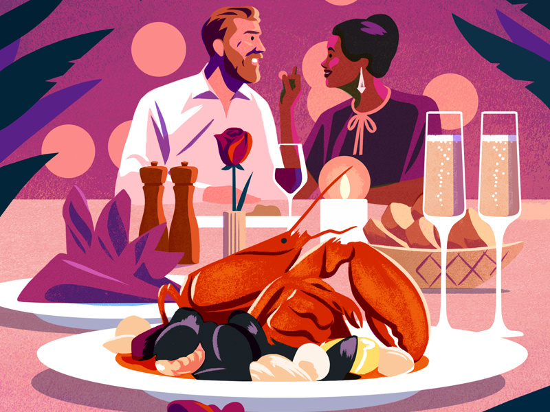 Valentines restaurant champagne rose aphrodisiac oysters lobster tablebookings opentable tablefortwo hote date illustration
